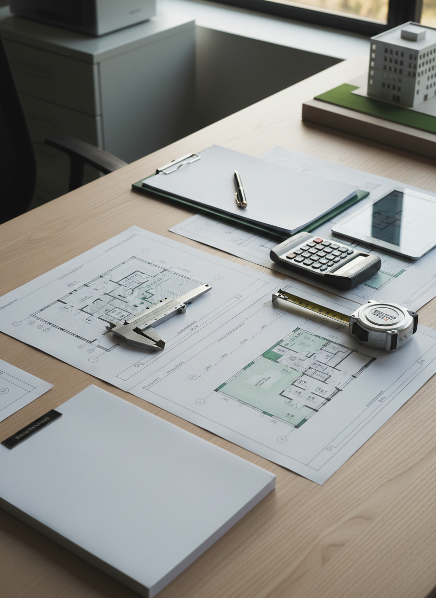 Mesa de trabalho técnica em escritório de engenharia com documentos de inspeção organizados.